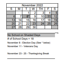 District School Academic Calendar for Jerry Whitehead Elementary School for November 2022