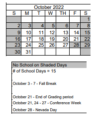 District School Academic Calendar for Sun Valley Elementary School for October 2022