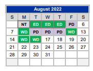 District School Academic Calendar for Weatherford H S Ninth Grade Center for August 2022