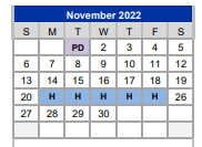 District School Academic Calendar for Weatherford H S Ninth Grade Center for November 2022