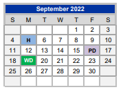 District School Academic Calendar for Weatherford H S Ninth Grade Center for September 2022