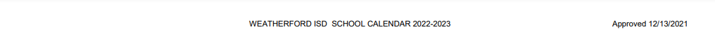 District School Academic Calendar for Weatherford High School