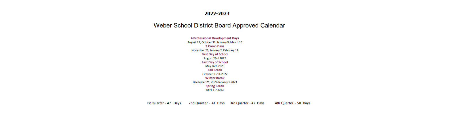 District School Academic Calendar Key for Farr West School