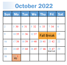 District School Academic Calendar for Orion Jr High for October 2022