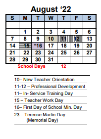 District School Academic Calendar for Ohlone Elementary for August 2022