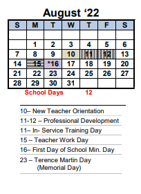 District School Academic Calendar for Transition Learning Center for August 2022