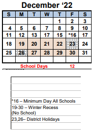 District School Academic Calendar for Transition Learning Center for December 2022