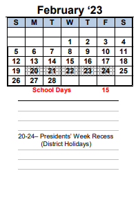 District School Academic Calendar for Transition Learning Center for February 2023