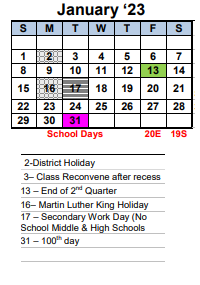 District School Academic Calendar for Transition Learning Center for January 2023