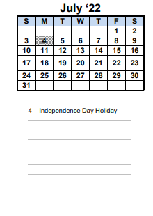 District School Academic Calendar for Hanna Ranch Elementary for July 2022