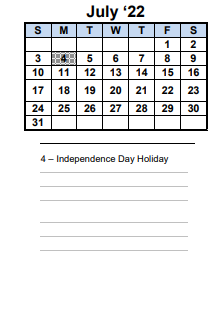 District School Academic Calendar for Transition Learning Center for July 2022