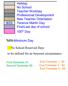 District School Academic Calendar Legend for Transition Learning Center