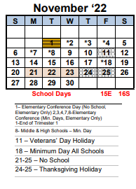 District School Academic Calendar for Shannon Elementary for November 2022
