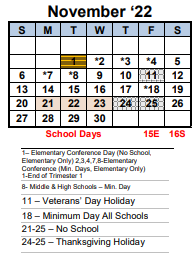 District School Academic Calendar for Transition Learning Center for November 2022