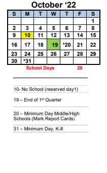District School Academic Calendar for King Elementary for October 2022