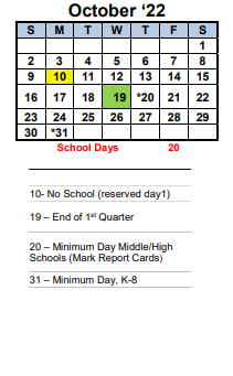 District School Academic Calendar for Transition Learning Center for October 2022