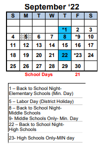 District School Academic Calendar for Transition Learning Center for September 2022