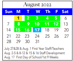 District School Academic Calendar for North El for August 2022