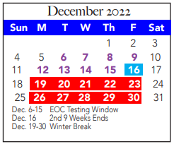 District School Academic Calendar for Brewer H S for December 2022