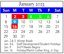 District School Academic Calendar for Tannahill Int for January 2023