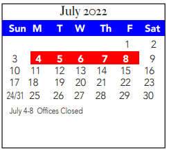 District School Academic Calendar for White Settlement Disciplinary Camp for July 2022