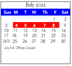 District School Academic Calendar for Tarrant Co J J A E P for July 2022