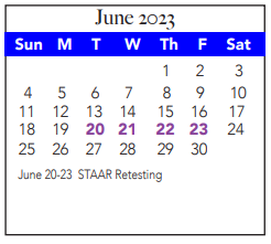 District School Academic Calendar for Tarrant Co J J A E P for June 2023