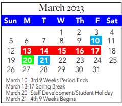 District School Academic Calendar for White Settlement Disciplinary Camp for March 2023