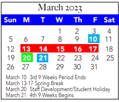 District School Academic Calendar for Tarrant Co J J A E P for March 2023