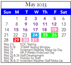 District School Academic Calendar for White Settlement Disciplinary Camp for May 2023