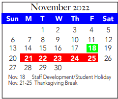 District School Academic Calendar for White Settlement Disciplinary Camp for November 2022
