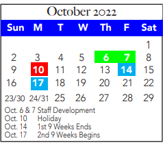 District School Academic Calendar for Tarrant Co J J A E P for October 2022