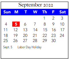 District School Academic Calendar for Tarrant Co J J A E P for September 2022