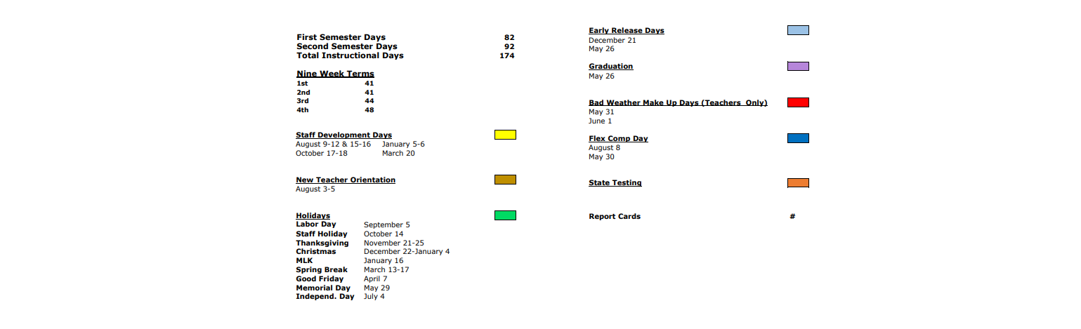 District School Academic Calendar Key for Whitehouse A E P