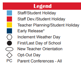 District School Academic Calendar Legend for Milam Elementary