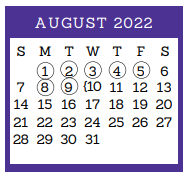 District School Academic Calendar for Jjaep for August 2022