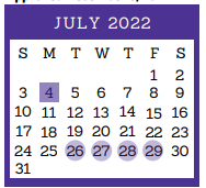 District School Academic Calendar for Jjaep for July 2022