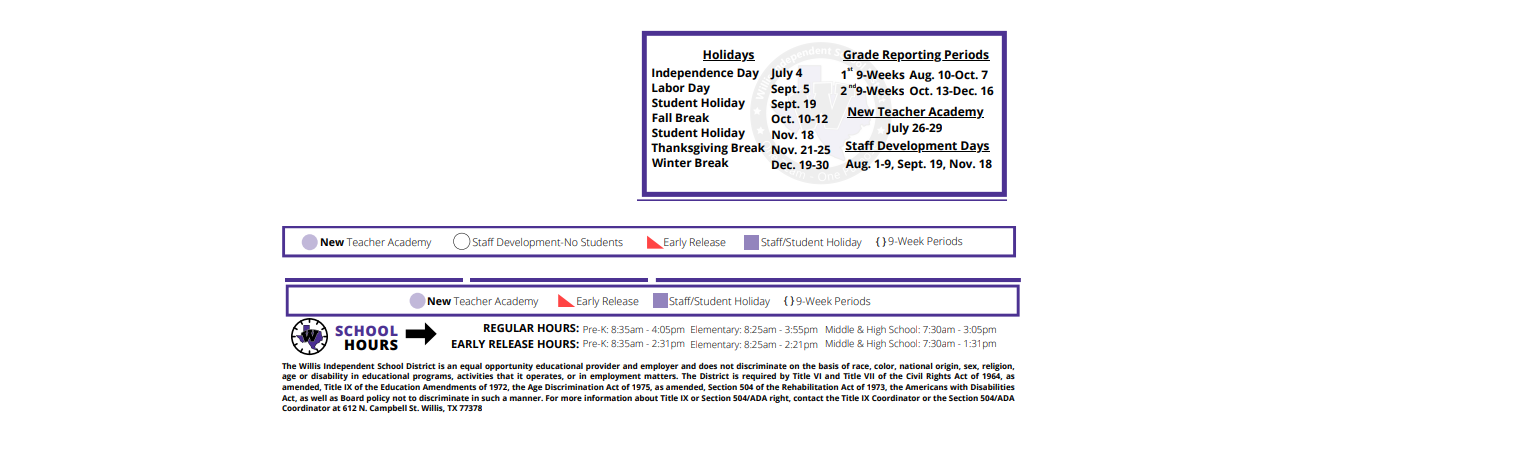 District School Academic Calendar Key for Parmley Elementary