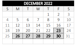 District School Academic Calendar for West Tatnuck for December 2022