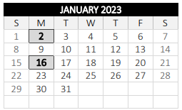 District School Academic Calendar for West Tatnuck for January 2023