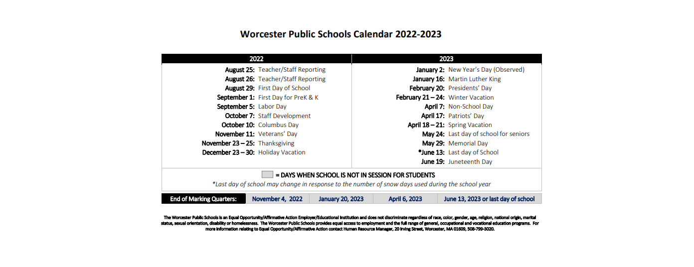 District School Academic Calendar Key for Worcester Public School 2