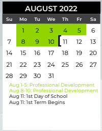 District School Academic Calendar for Mcmillan Junior High School for August 2022