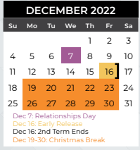 District School Academic Calendar for Mcmillan Junior High School for December 2022