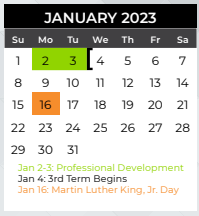 District School Academic Calendar for Collin Co J J A E P for January 2023