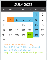 District School Academic Calendar for Smith Elementary for July 2022