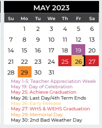 District School Academic Calendar for Collin Co Co-op for May 2023