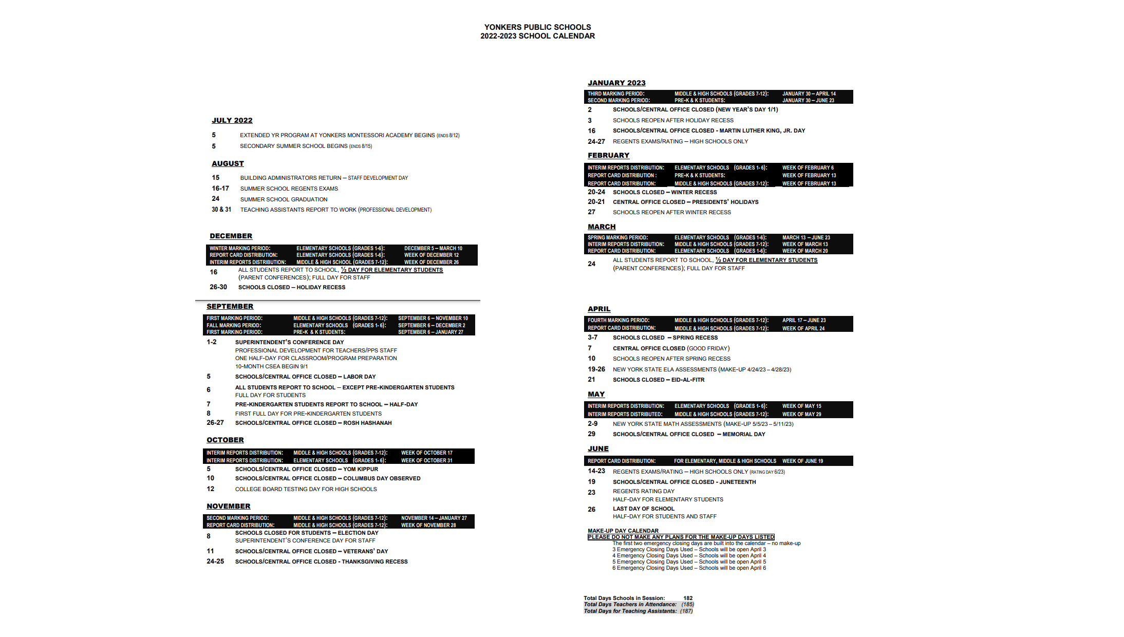 District School Academic Calendar Key for School 22