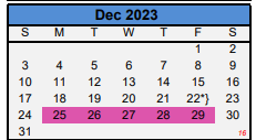 District School Academic Calendar for Travis Opportunity Ctr for December 2023