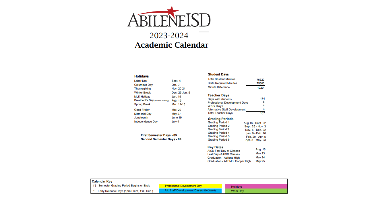 District School Academic Calendar Key for Clack Middle