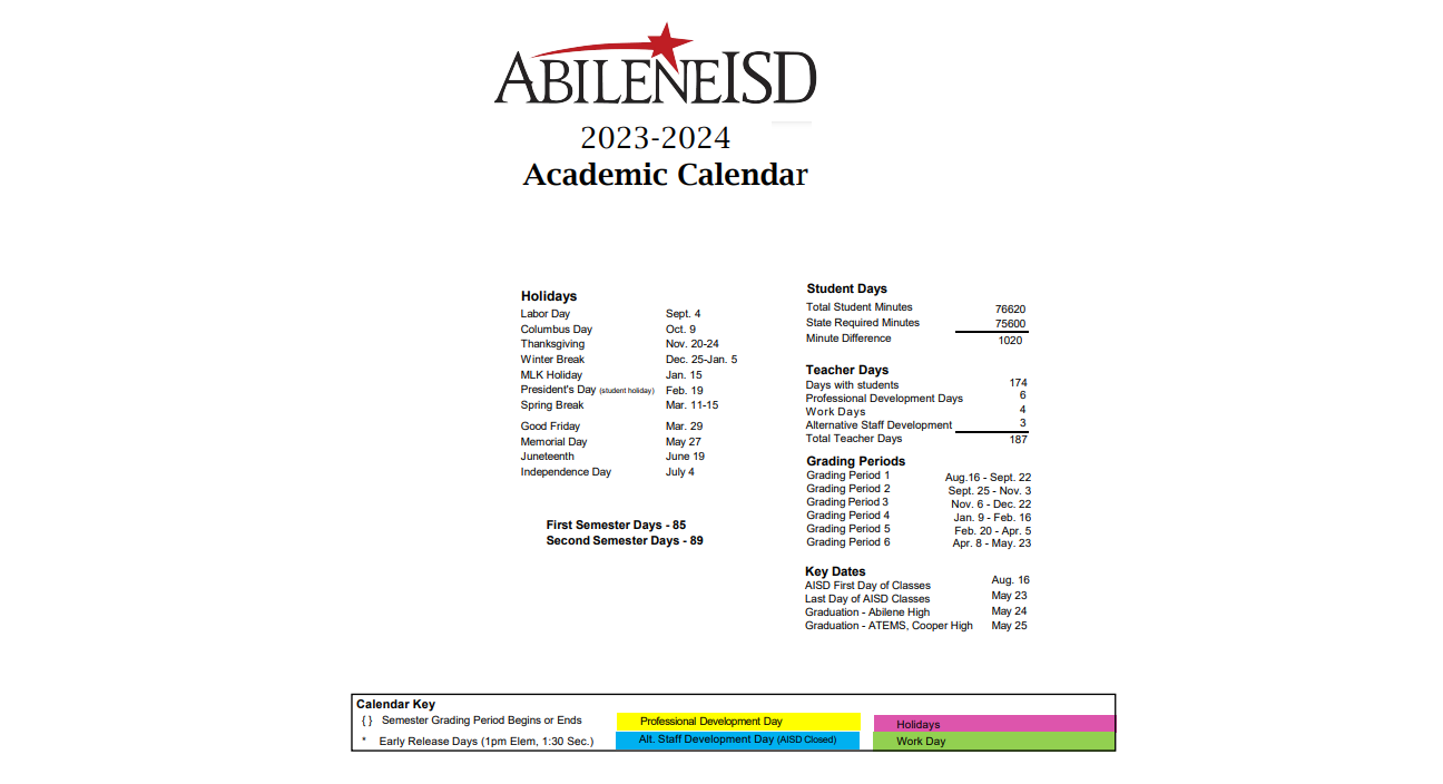 District School Academic Calendar Key for Harmony Family Services